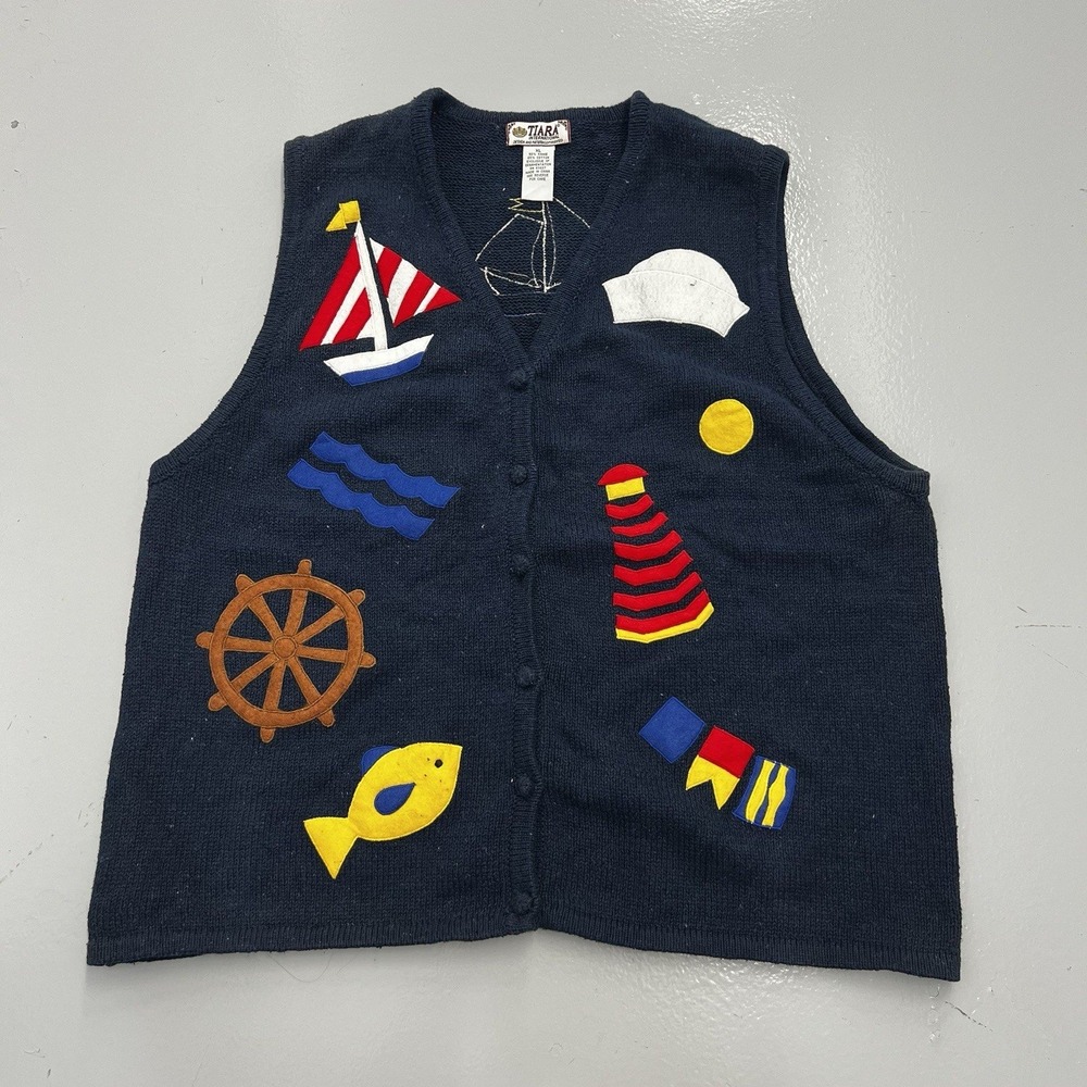 Tiara International XL Womens Navy Blue Nautical Sailboat Knit Sweater Vest